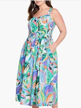 NIC+ZOE Sophie Island Beat Cotton Tropical Leaf Midi Dress in Blue, Green, Pink